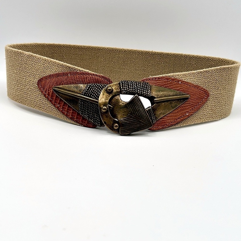 Vintage Cinch Belt Elastic Canvas Faux Leather Brass Buckle Small Tan Brown